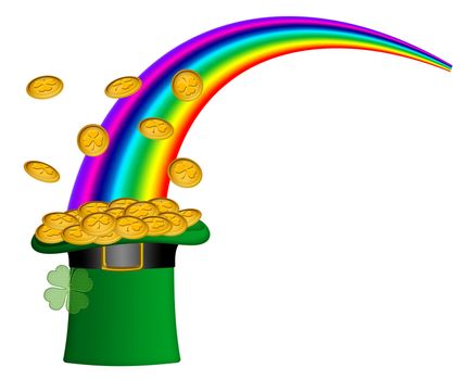 Saint Patricks Day Hat of Gold with Shamrock Coins and Rainbow Illustration
