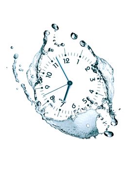 Time concept. Clock face and abstract flowing water on white background