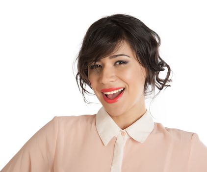 Portrait of a woman in a pink blouse on a white background isolated