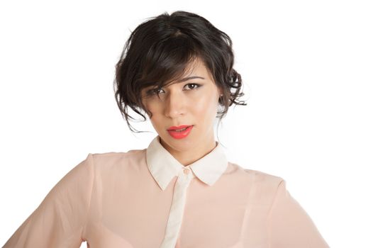 Portrait of a woman in a pink blouse on a white background isolated