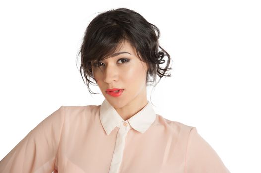 Portrait of a woman in a pink blouse on a white background isolated