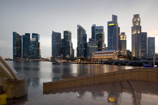 Singapore City Skyline along Waterfront Esplanade on a Rainy Day