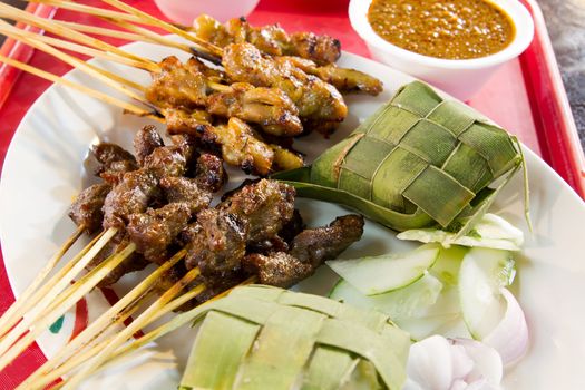 Chicken and Lamb Satay Skewers with Ketupat Rice and Peanut Sauce