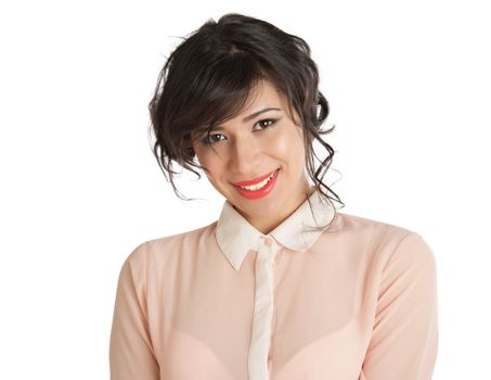 Portrait of a woman in a pink blouse on a white background isolated