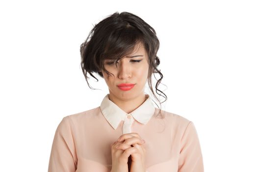 Portrait of a woman in a pink blouse on a white background isolated