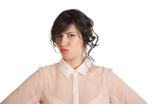 Portrait of a woman in a pink blouse on a white background isolated