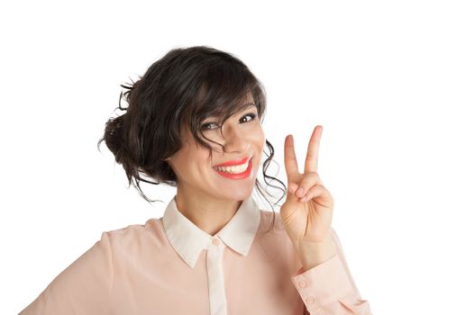 Portrait of a woman in a pink blouse on a white background isolated