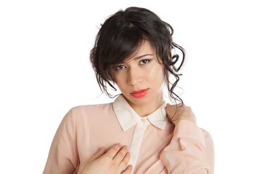 Portrait of a woman in a pink blouse on a white background isolated