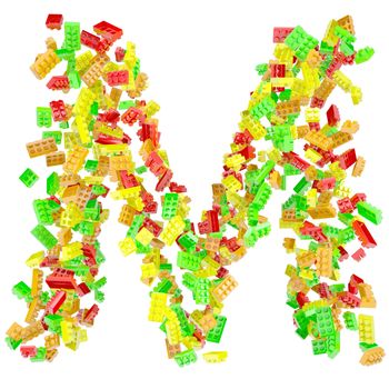 The letter M is made up of children's blocks. Isolated render on a white background