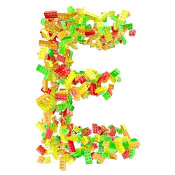 The letter E is made up of children's blocks. Isolated render on a white background
