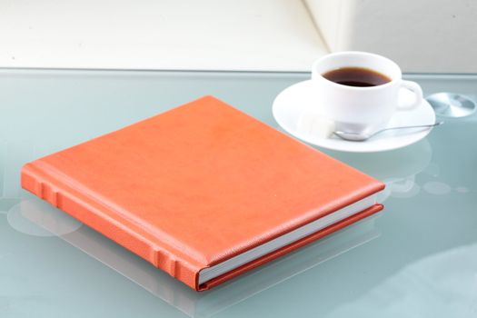 orange leather book on bright background