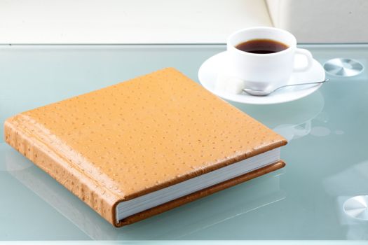 orange leather book on bright background