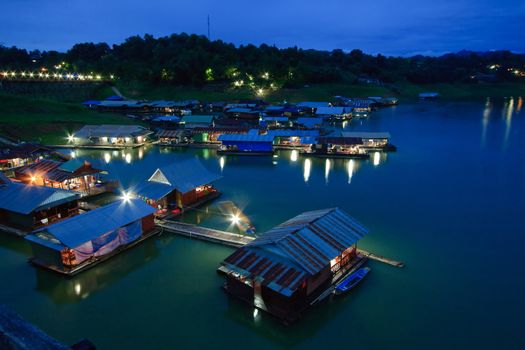 Thai Mon Floating village on the River in Sangkraburi Kanchanaburi Provice Border of Thailand and Myanmar in dusk