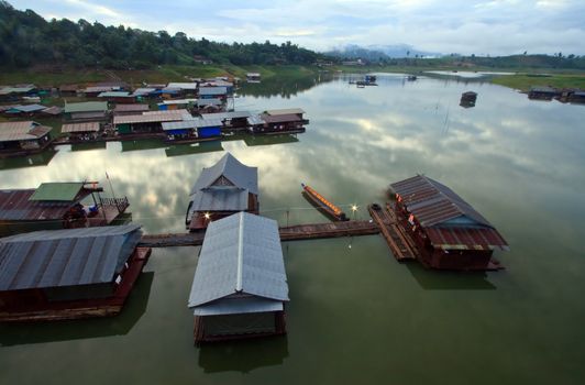 Thai Mon Floating village on the River in Sangkraburi Kanchanaburi Provice Border of Thailand and Myanmar in The Morning