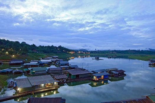Thai Mon Floating village on the River in Sangkraburi Kanchanaburi Provice Border of Thailand and Myanmar in The Morning