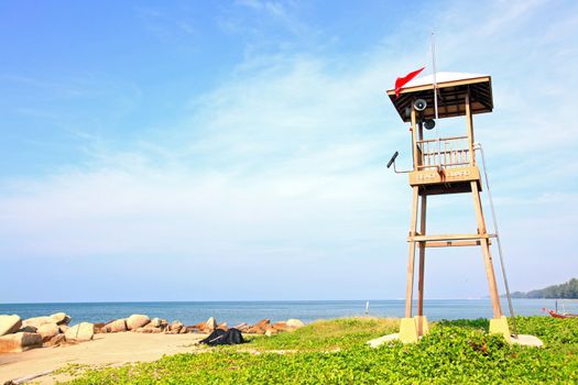 landscape of vintage beach guard tower on the beach
