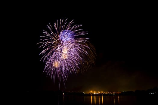 Fireworks and reflection at lake on King Birthday Festival and Holiday in Thailand.