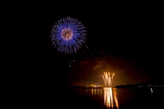 Fireworks and reflection at lake on King Birthday Festival and Holiday in Thailand.
