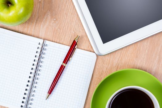 pen, coffee, notepad and tablet, workplace businessman