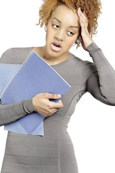 Young business woman holding folders and under stress