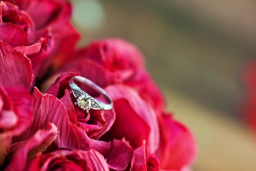 A close up of wedding band , engagement ring