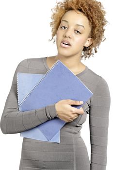 Young business woman holding folders and under stress