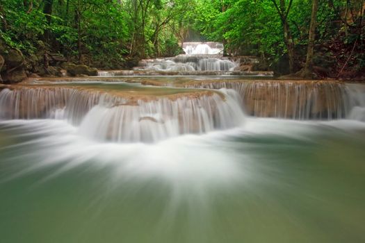 Huay Mae Khamin Waterfall First Level, Paradise waterfall in Tropical rain forest of Thailand