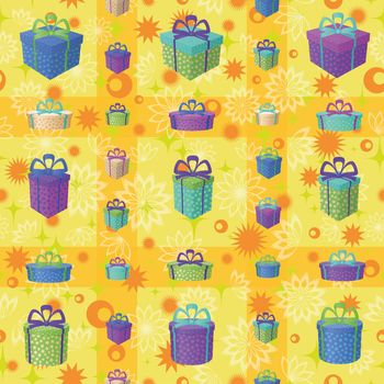 Holiday seamless background with a pattern of festive gift boxes and star