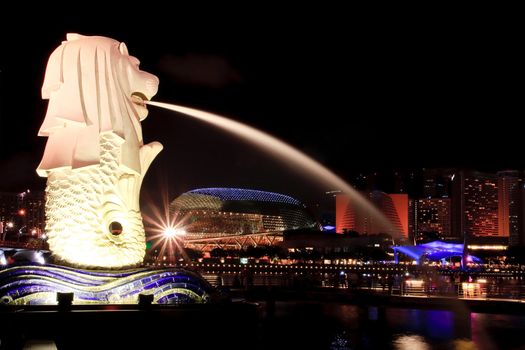 Singapore Jan-23, closeup of Merlion at Marina bay on 23 Jan 2010.Merlion is an imaginary creature with the head of a lion and the body of a fish, used as a mascot of Singapore
