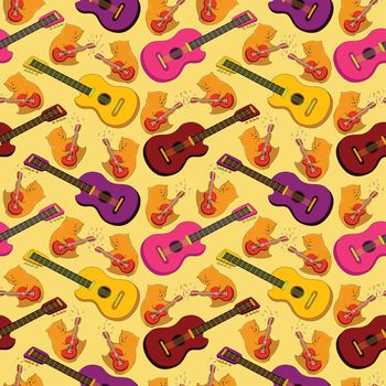 Seamless background, pattern of colorful guitars and cartoon teddy bears musicians.
