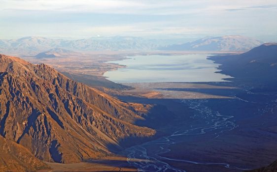 aerial view of river from tasman glacier to lake Pukaki, New Zealand