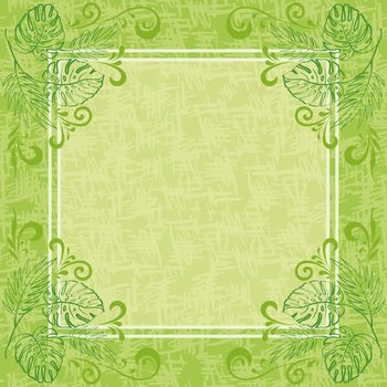 Abstract green floral background. Contour plants, frame and grunge pattern. , contains transparencies.