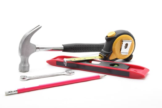 basic construction tool set on white background