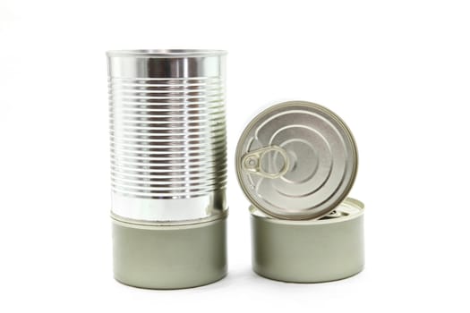 studio shot of food tin Aluminum metal cans on white