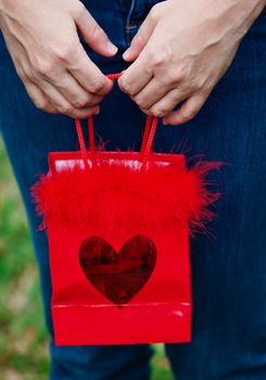 Hands holding red gift bag with heart printed