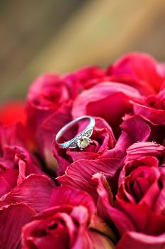 A close up of wedding band , engagement ring