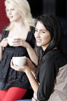 Beautiful young woman talking over coffee at a wine bar.