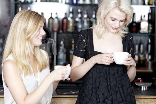 Beautiful young woman talking over coffee at a wine bar.