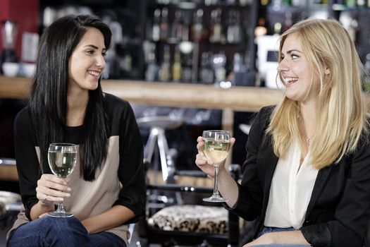 female friends enjoying a drink together at a wine bar.