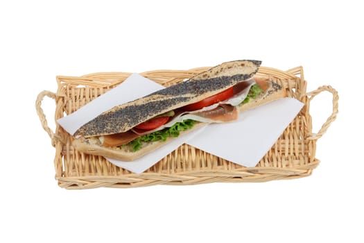 Long sandwich served on wicker tray