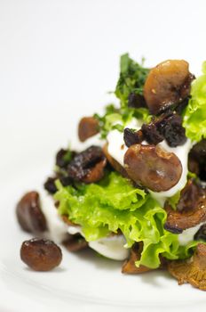 Chanterelles mushrooms with salad leaves and sour cream isolated on white background