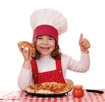 happy little girl cook eat pizza