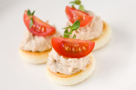 Delicious small snacks with tuna salad and tomato