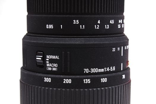 Closeup of camera lens isolated on white background