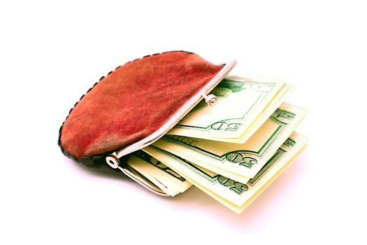 Purse full of dollars on a white background