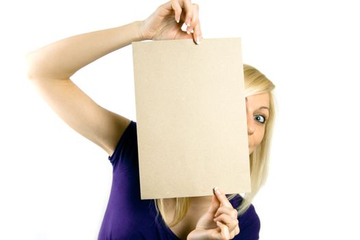 Portrait of a beautiful business woman holding a blank notecard.