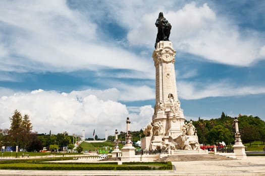 Marques Statue with Lion in Lisbon, Portugal