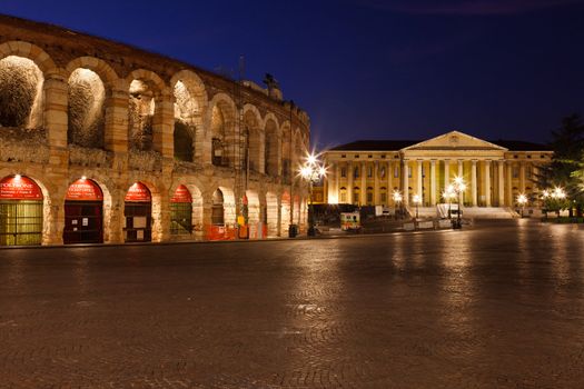 Piazza Bra and Ancient Amphitheater in Verona, Italy