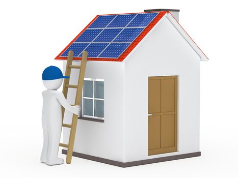 man hold ladder on house with solar