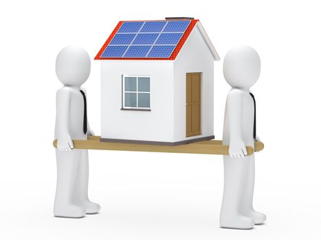 men hold house with solar on ladder